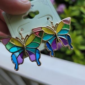 Butterfly painted Faux stain glass Rainbow free spirit Boho people earrings